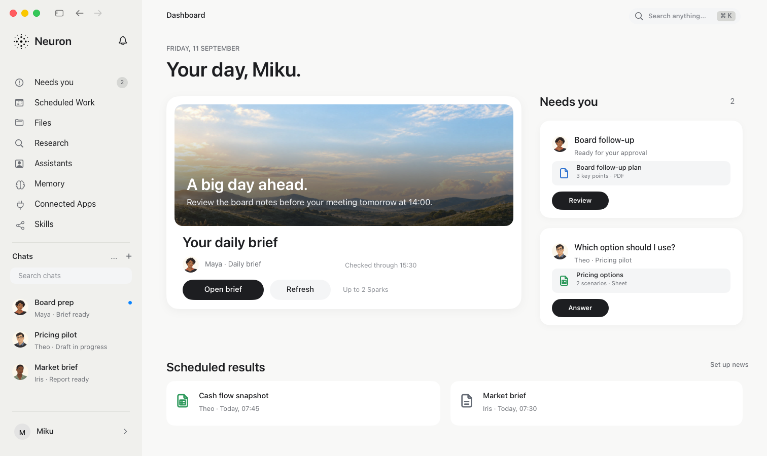 Plereme for macOS Dashboard showing a daily brief, work that needs review, and scheduled results
