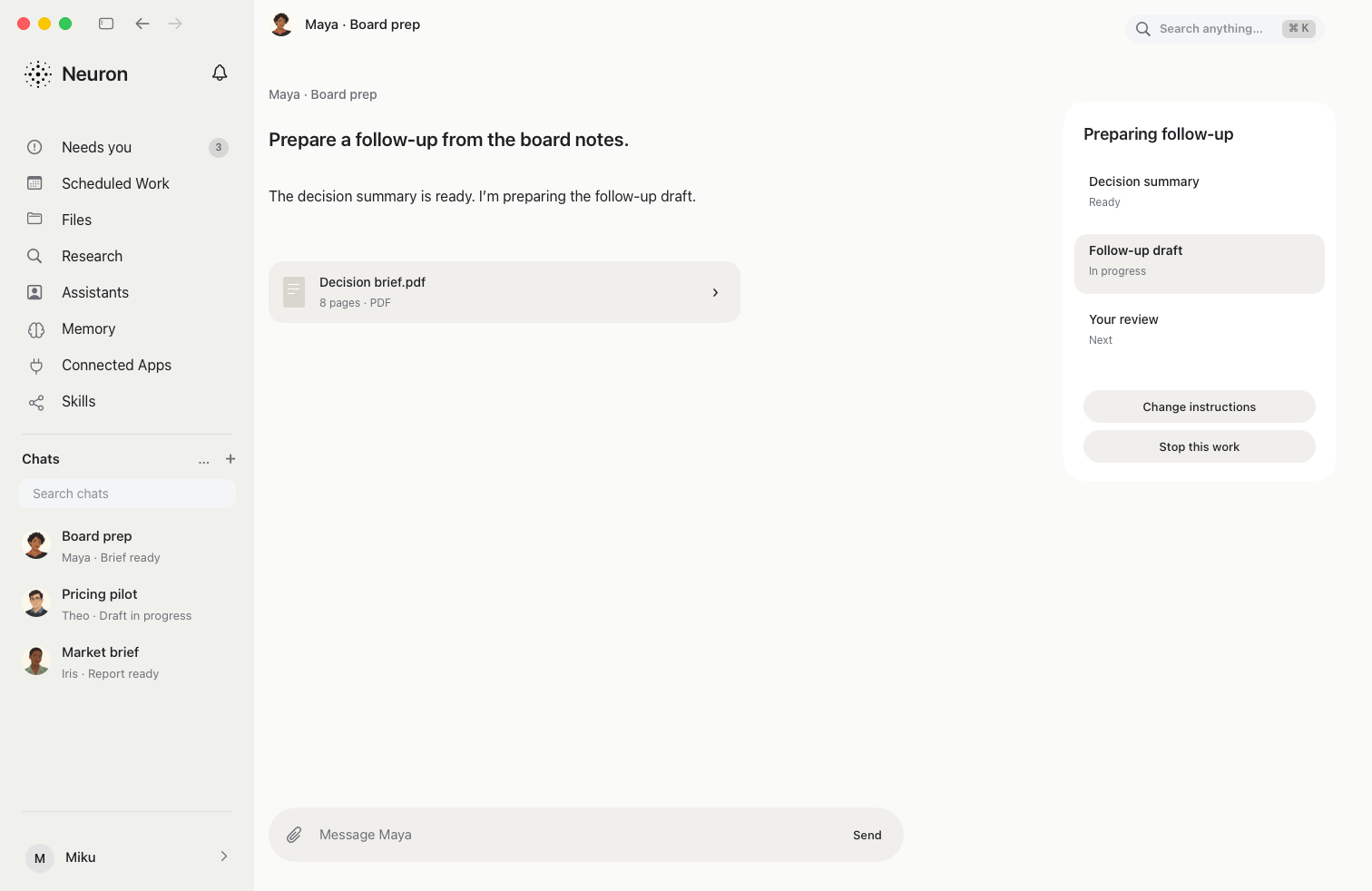 Plereme for macOS showing a Conversation beside Active Work and its progress
