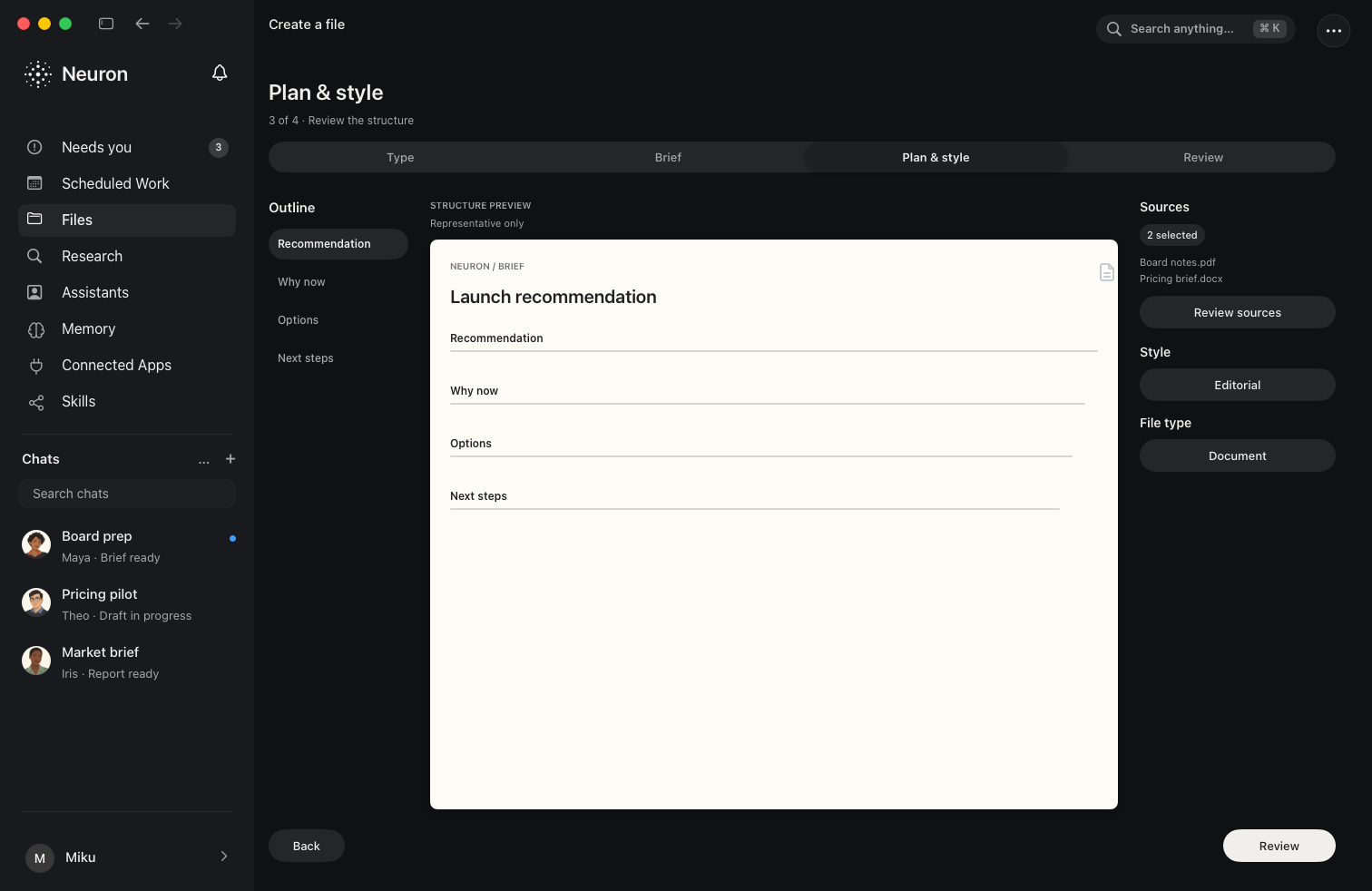 Plereme preparing a document from a reviewed plan in dark mode