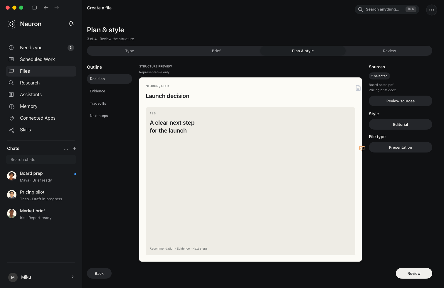 Plereme preparing a presentation from a reviewed plan in dark mode