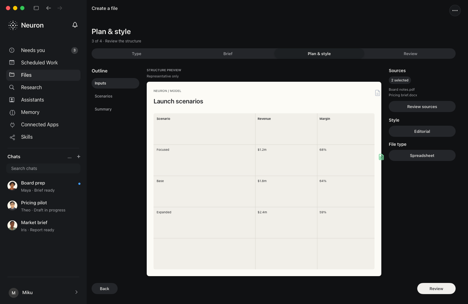 Plereme preparing a spreadsheet from a reviewed plan in dark mode